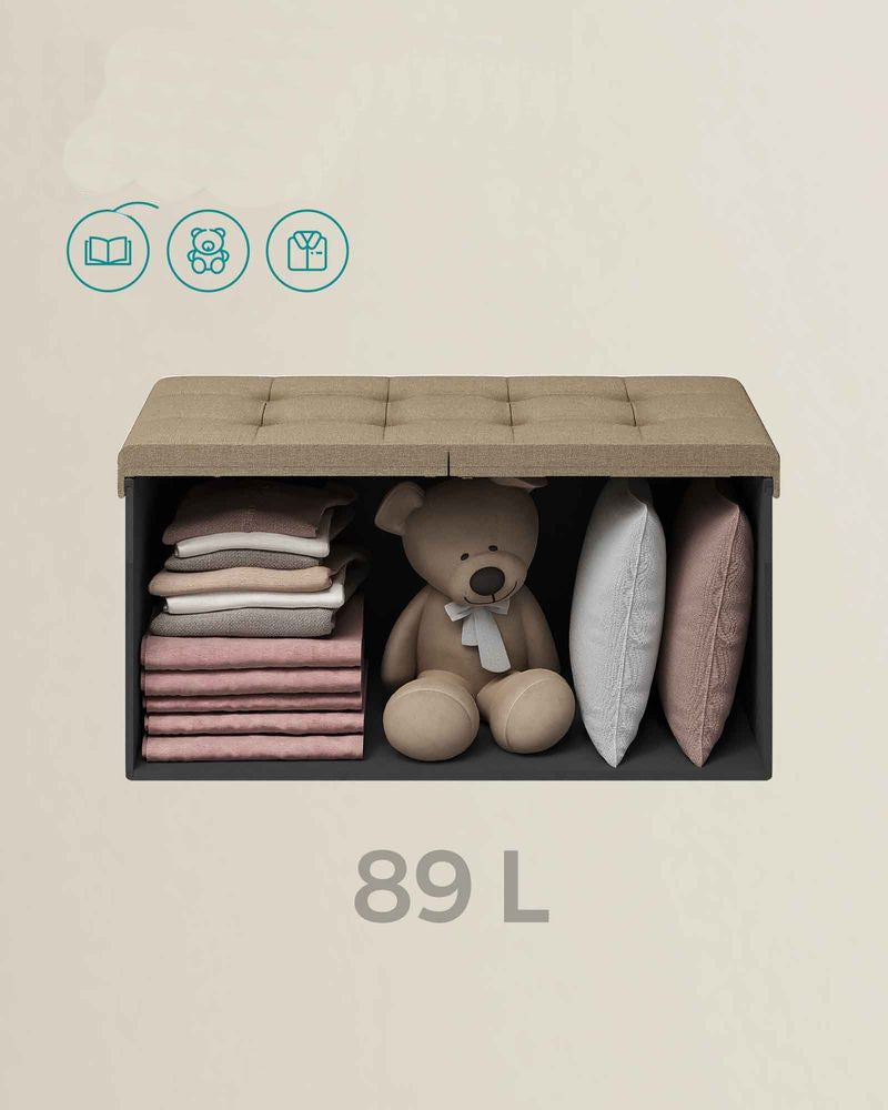 SONGMICS Bancuta pliabila cu spatiu de depozitare, 89 litri, textil tip in si MDF, 76x38x38 cm, maro