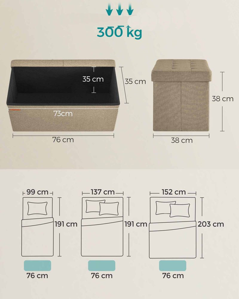 SONGMICS Bancuta pliabila cu spatiu de depozitare, 89 litri, textil tip in si MDF, 76x38x38 cm, maro