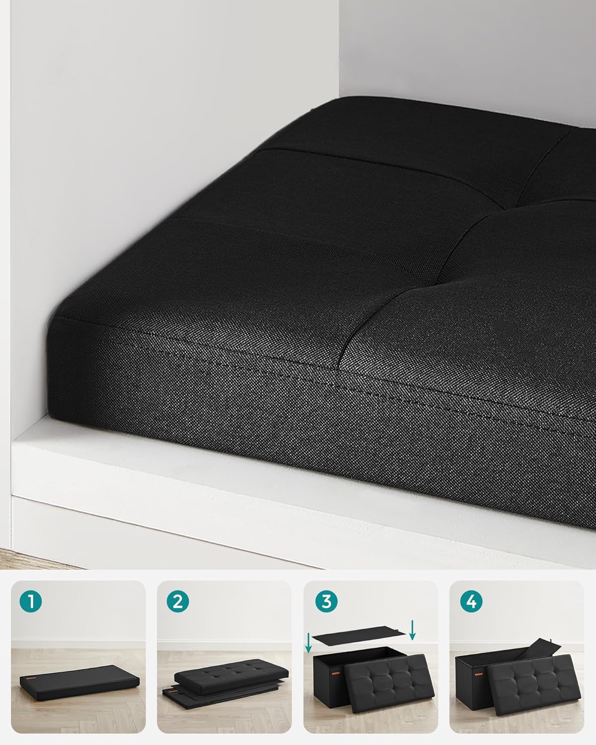 SONGMICS Taburet pliabil cu sezut moale, spatiu de depozitare 89 litri, maxim 300kg, 76x38x38 cm, negru