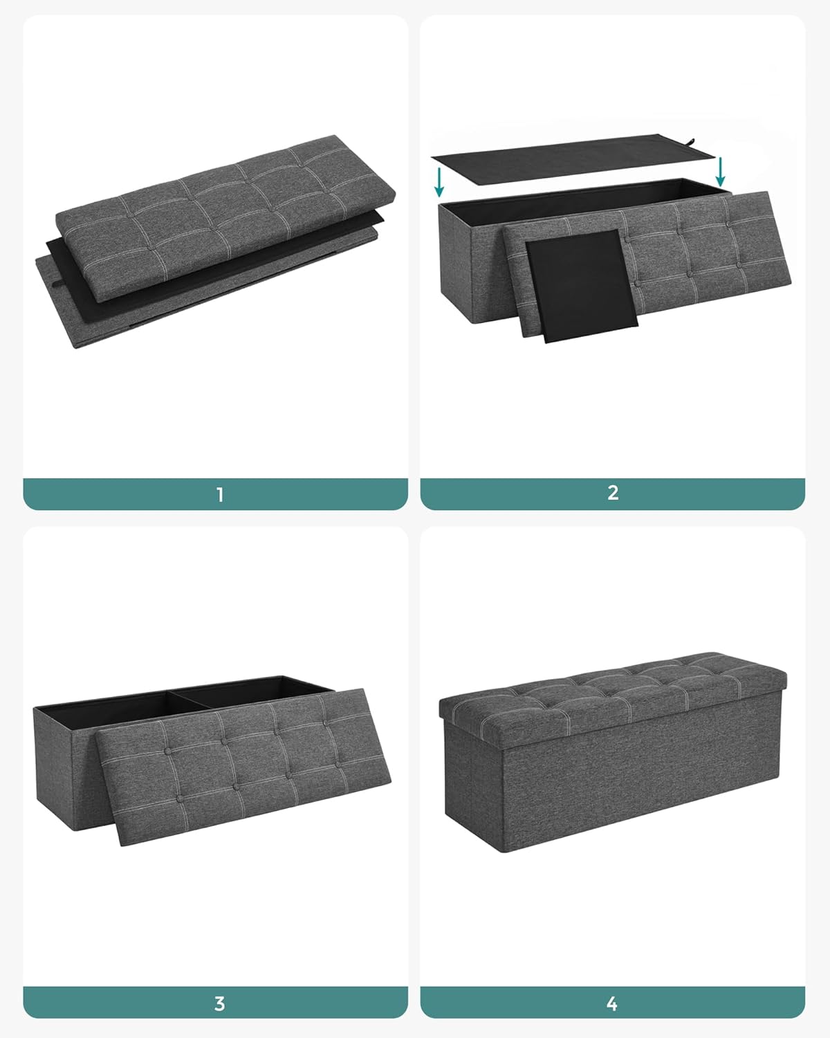 SONGMICS Bancheta pliabila cu spatiu de depozitare 110x38x38 cm, MDF si material textil, capacitate 300 kg, gri inchis