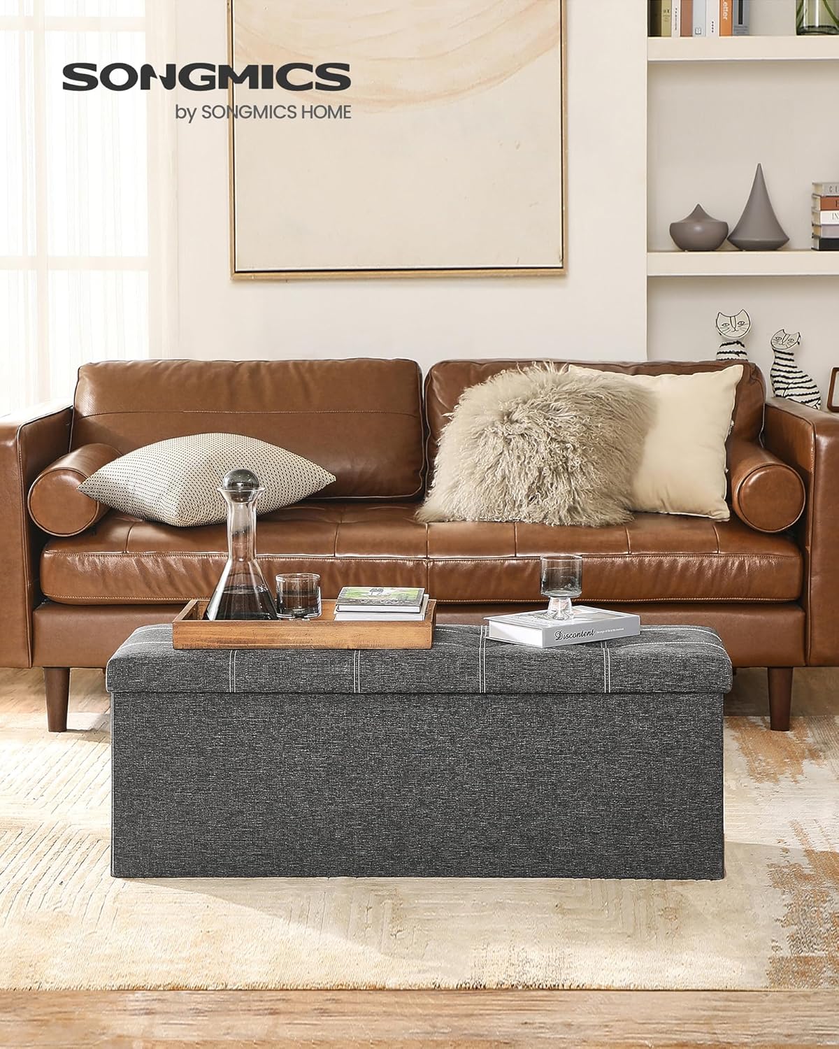 SONGMICS Bancheta pliabila cu spatiu de depozitare 110x38x38 cm, MDF si material textil, capacitate 300 kg, gri inchis