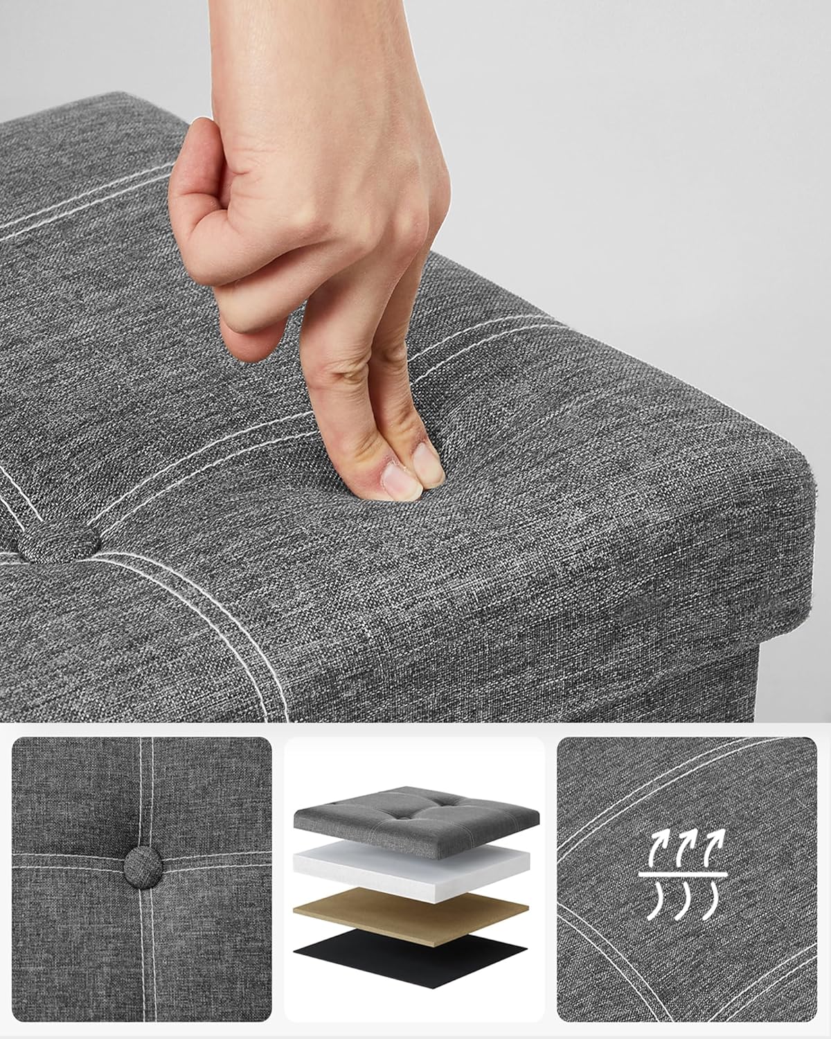 SONGMICS Bancheta pliabila cu spatiu de depozitare 110x38x38 cm, MDF si material textil, capacitate 300 kg, gri inchis