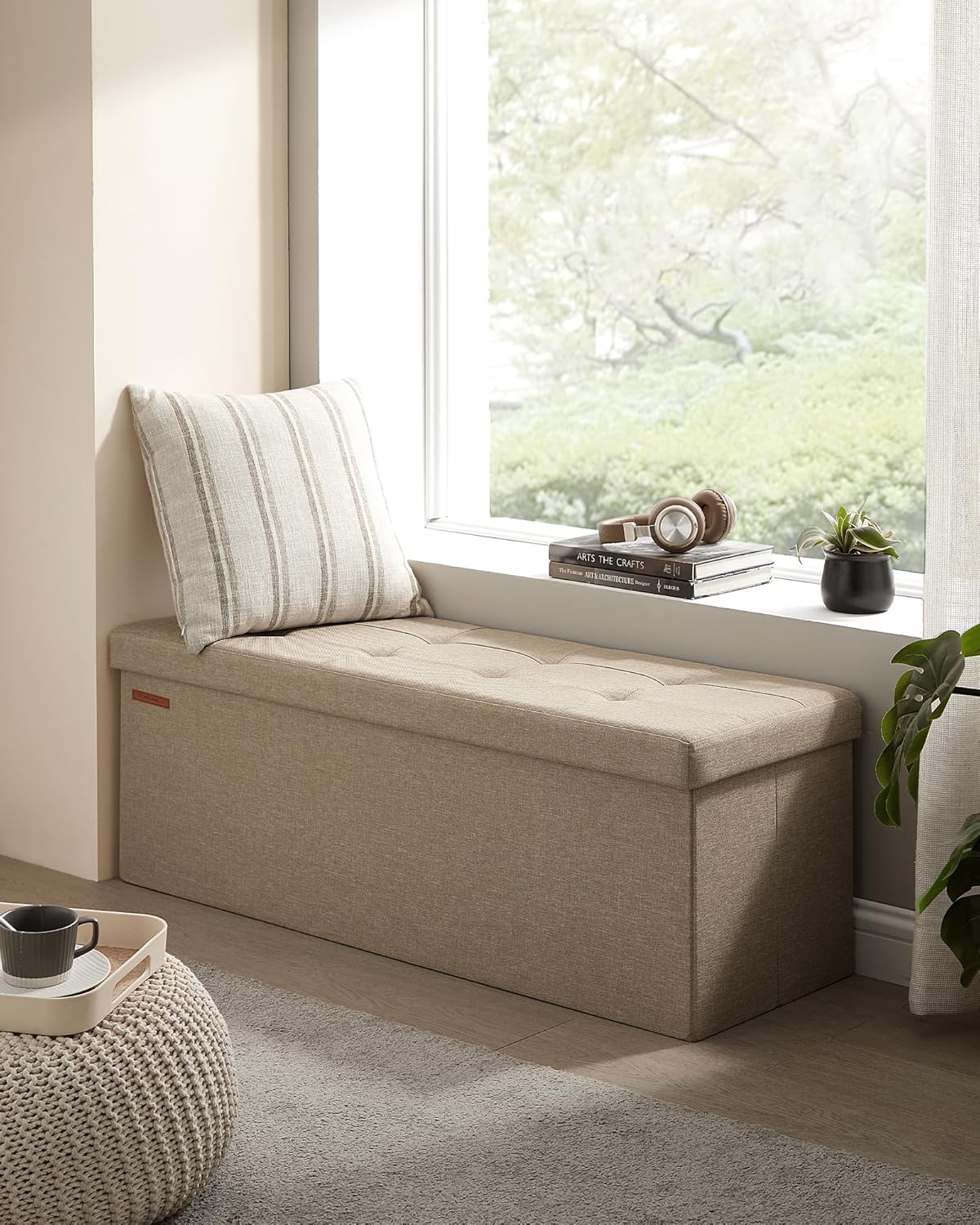 SONGMICS bancheta pliabila cu spatiu de depozitare 110x38x38 cm, MDF si material textil, capacitate 300 kg, maro camel
