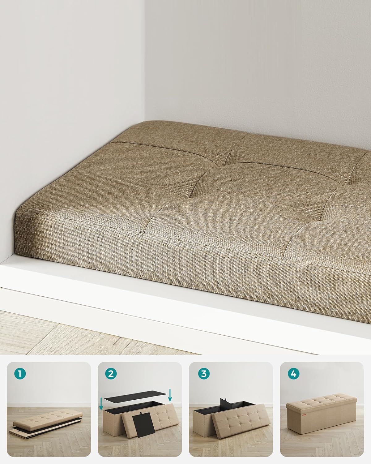 SONGMICS bancheta pliabila cu spatiu de depozitare 110x38x38 cm, MDF si material textil, capacitate 300 kg, maro camel