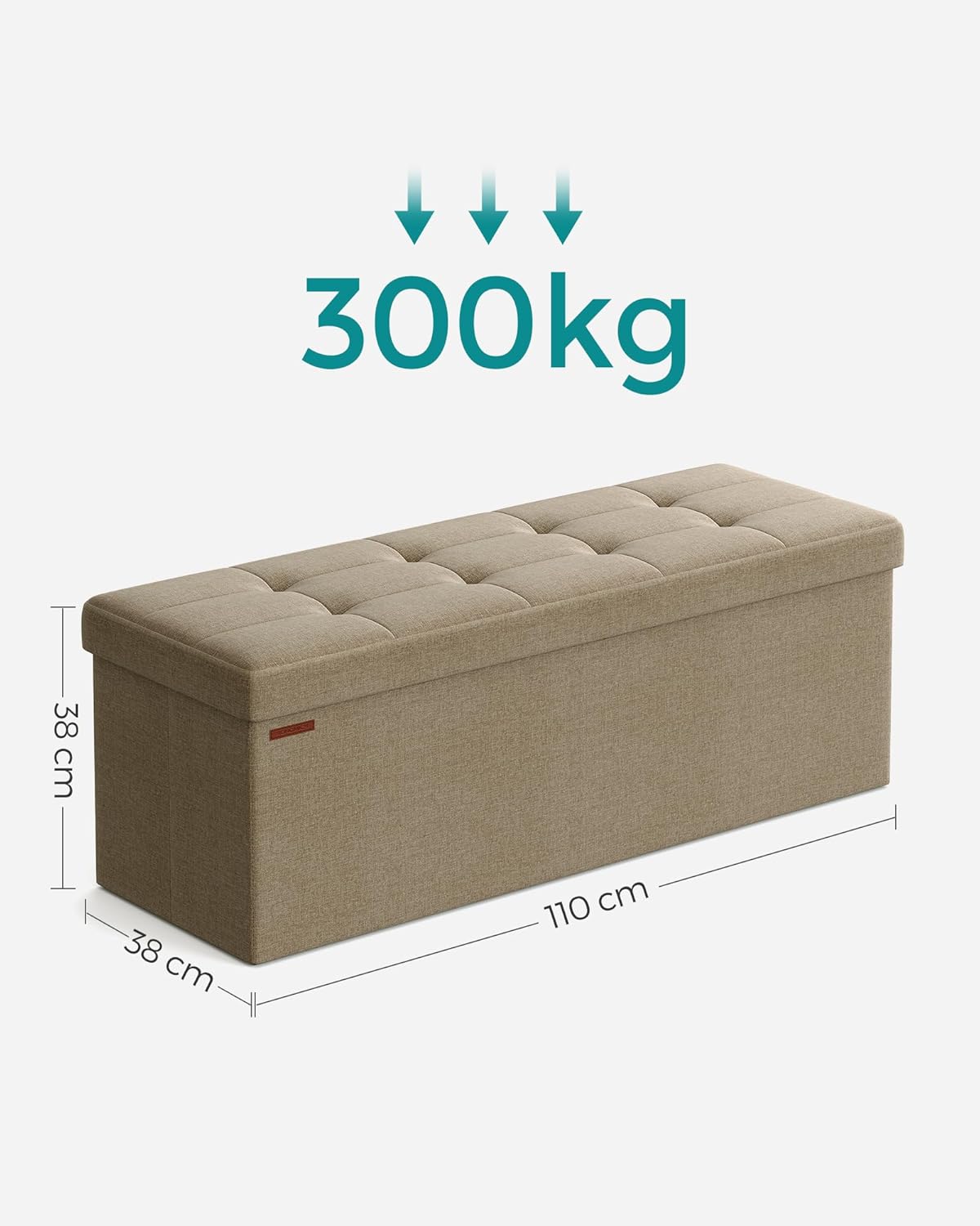 SONGMICS bancheta pliabila cu spatiu de depozitare 110x38x38 cm, MDF si material textil, capacitate 300 kg, maro camel