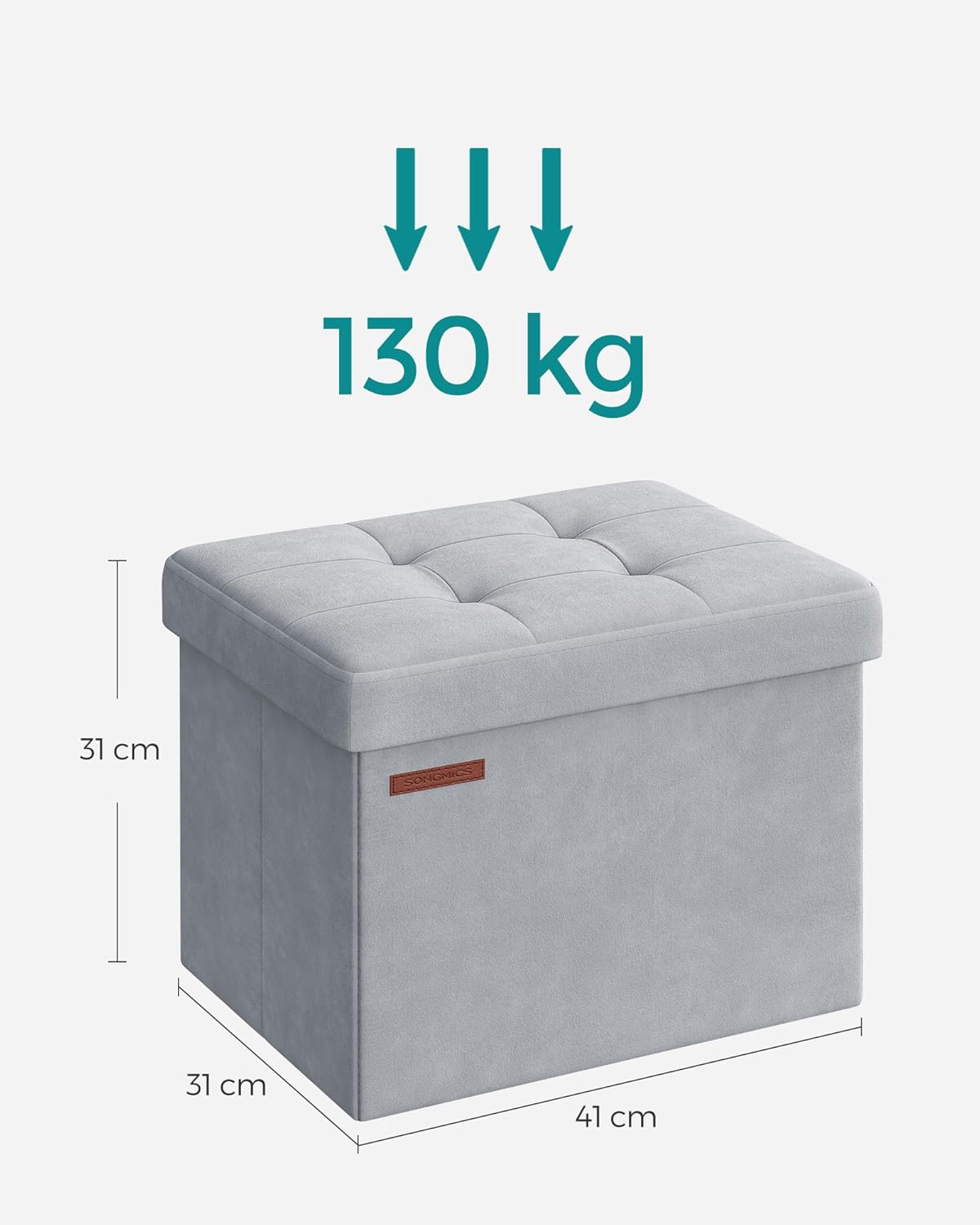 SONGMICS Taburet pliabil cu spatiu de depozitare, catifea matlasata, 31x41x31 cm, 130 kg, gri