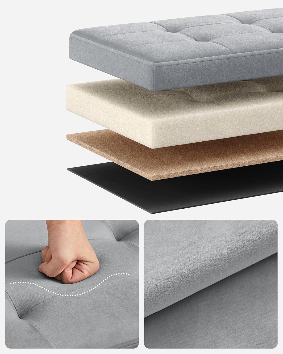 SONGMICS Taburet pliabil cu spatiu de depozitare, catifea matlasata, 31x41x31 cm, 130 kg, gri