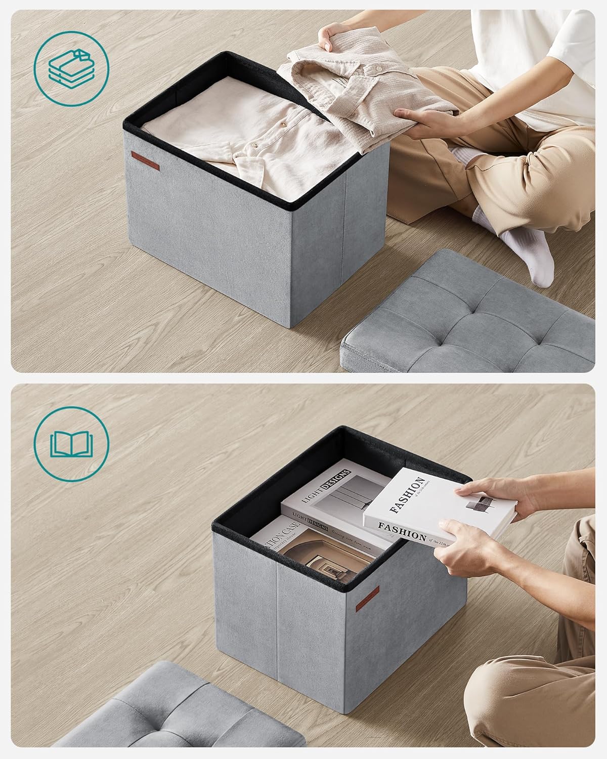 SONGMICS Taburet pliabil cu spatiu de depozitare, catifea matlasata, 31x41x31 cm, 130 kg, gri