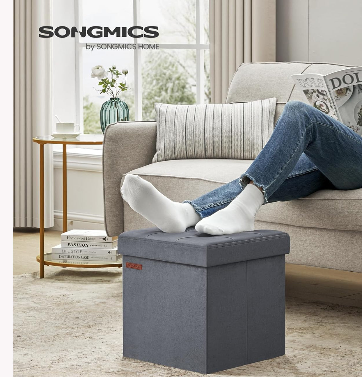 SONGMICS Taburet pliabil cu spatiu depozitare, tapiterie catifea, structura MDF, 38x38x38 cm, gri