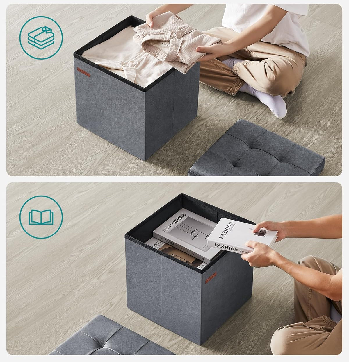 SONGMICS Taburet pliabil cu spatiu depozitare, tapiterie catifea, structura MDF, 38x38x38 cm, gri