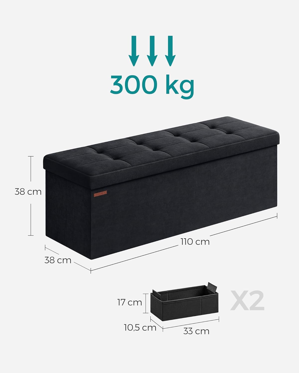 SONGMICS Bancuta pliabila cu spatiu de depozitare, catifea matlasata, 38x110x38 cm, capacitate 300 kg, negru