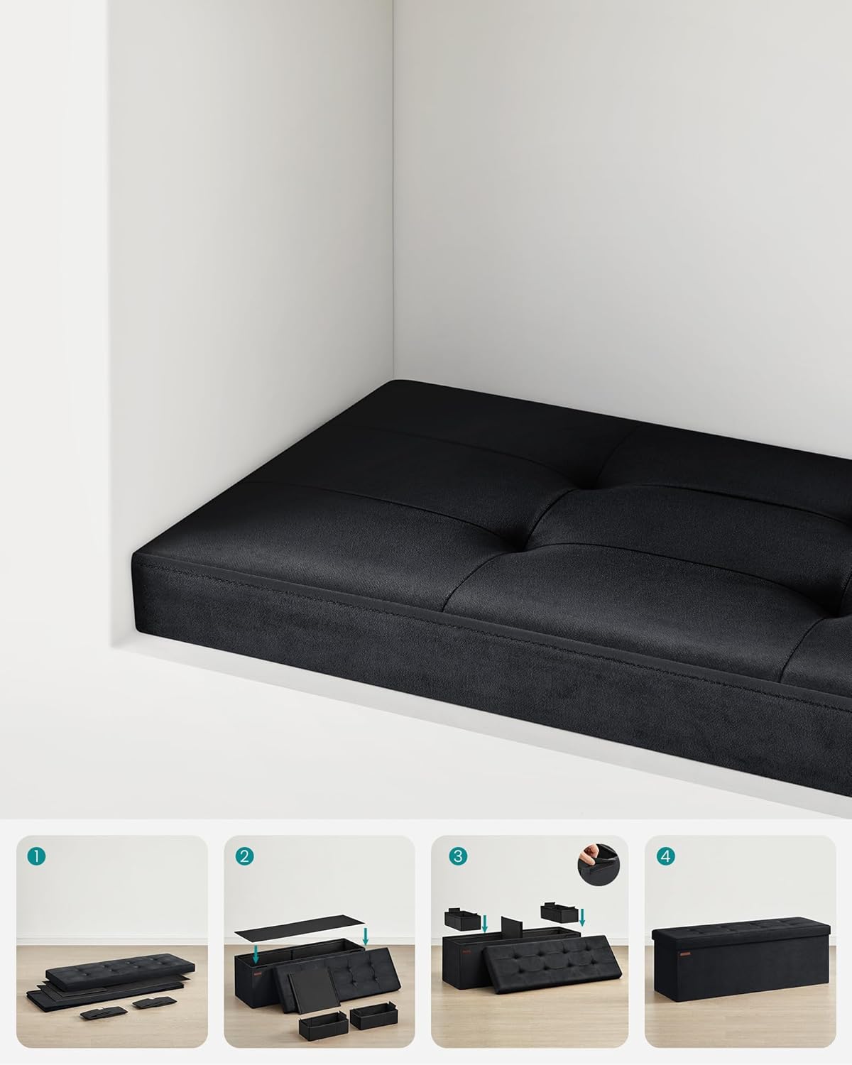 SONGMICS Bancuta pliabila cu spatiu de depozitare, catifea matlasata, 38x110x38 cm, capacitate 300 kg, negru