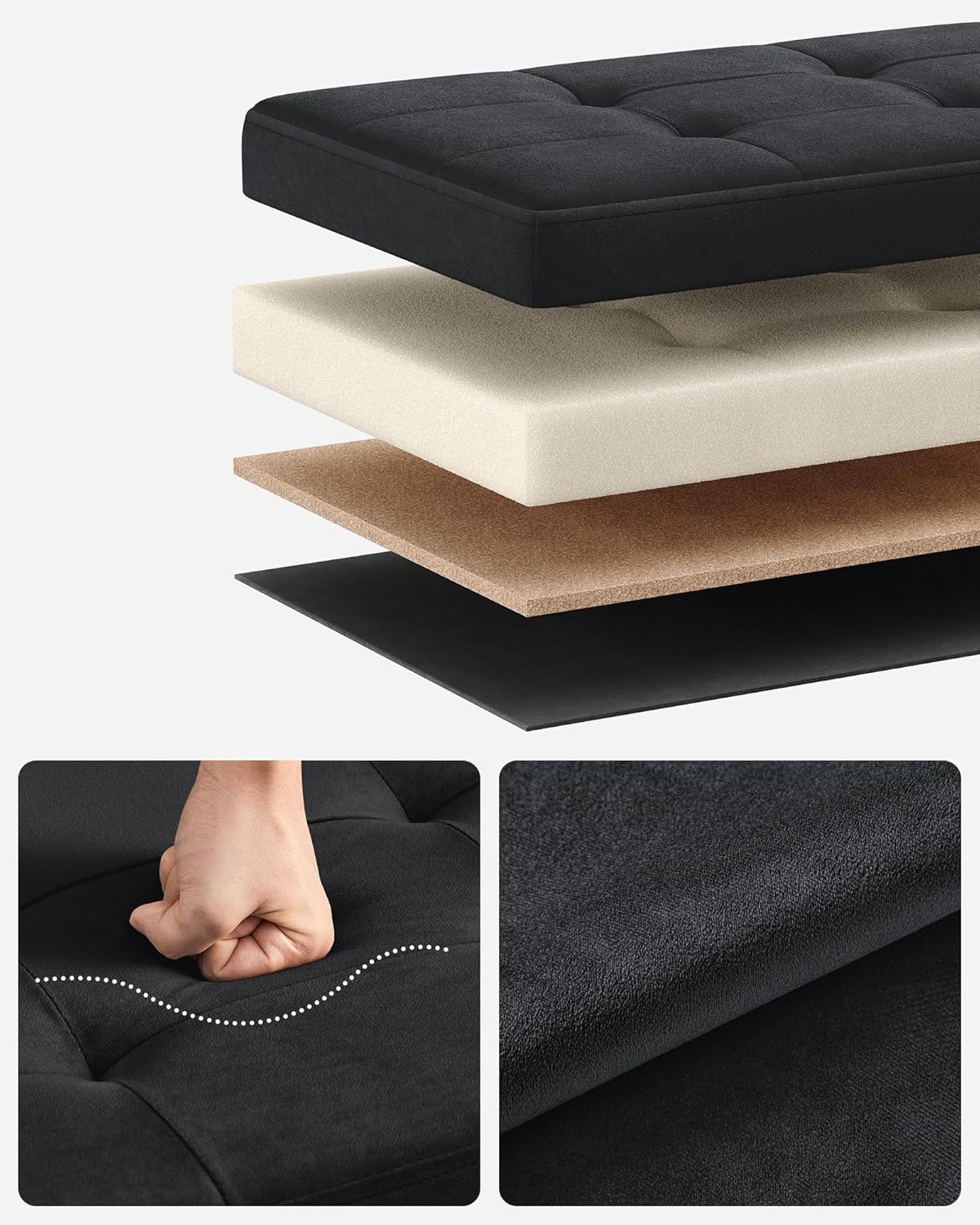 SONGMICS Bancuta pliabila cu spatiu de depozitare, catifea matlasata, 38x110x38 cm, capacitate 300 kg, negru