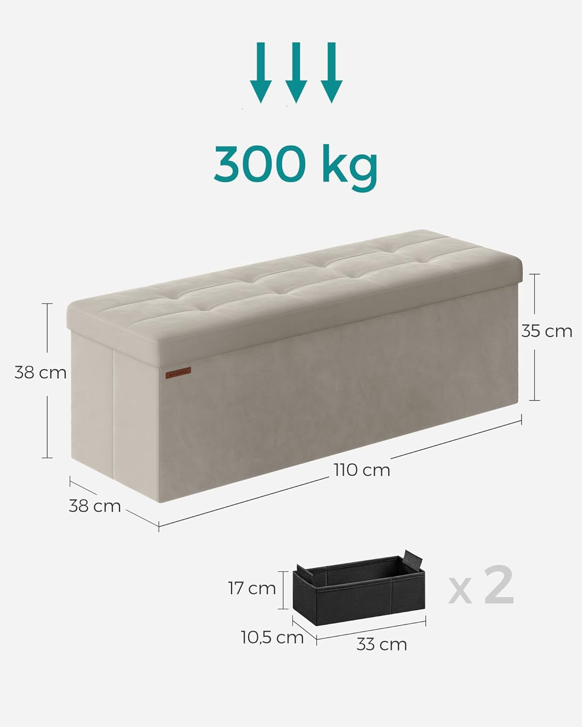 SONGMICS Bancuta pliabila cu spatiu de depozitare, catifea matlasata, 38x110x38 cm, capacitate 300 kg, alb cream