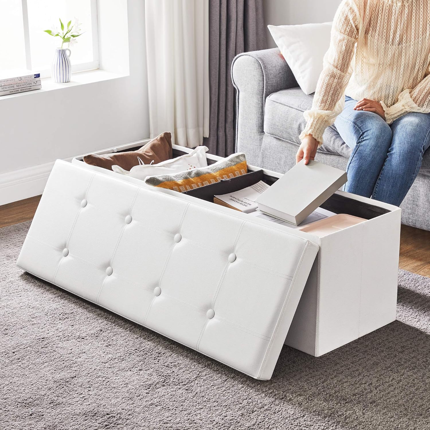 SONGMICS Taburet pliabil cu spatiu de depozitare, 3 locuri, imitatie piele, 110x38x38 cm, alb