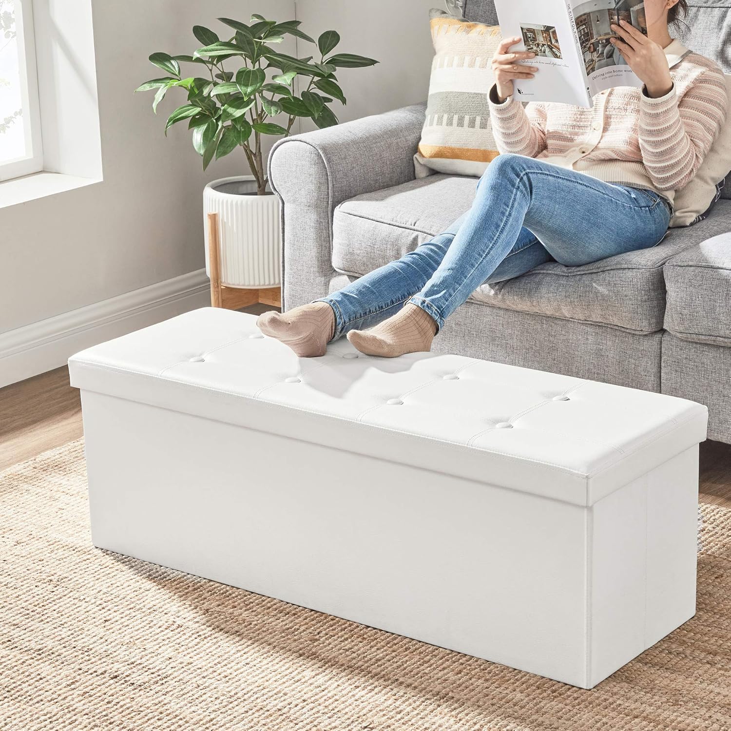 SONGMICS Taburet pliabil cu spatiu de depozitare, 3 locuri, imitatie piele, 110x38x38 cm, alb