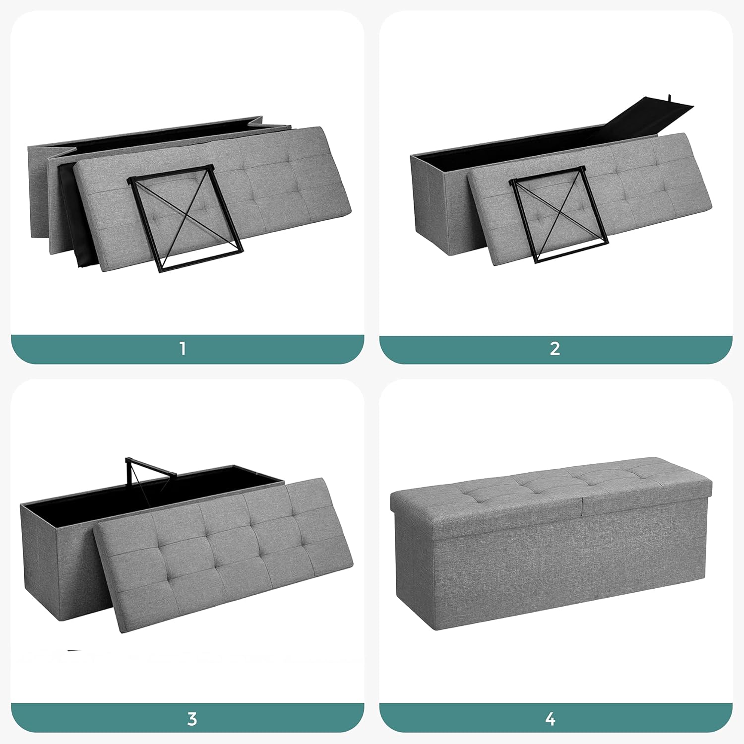 SONGMICS Bancuta pliabila cu capac si spatiu de depozitare, 120 litri, textil tip in, 110x38x38 cm, gri