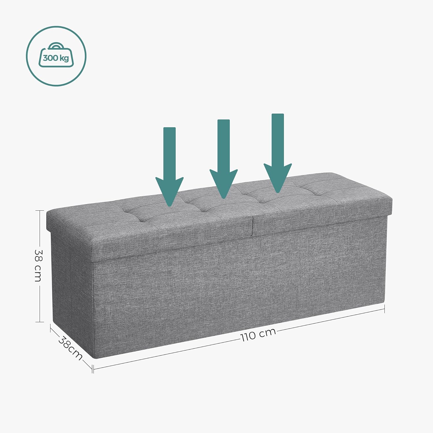 SONGMICS Bancuta pliabila cu capac si spatiu de depozitare, 120 litri, textil tip in, 110x38x38 cm, gri