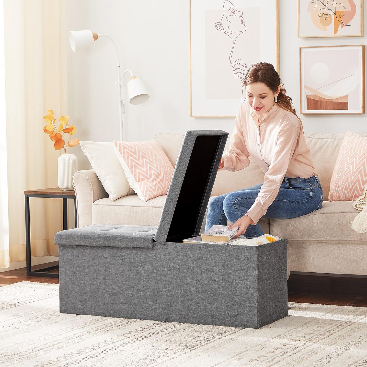 SONGMICS Bancuta pliabila cu capac si spatiu de depozitare, 120 litri, textil tip in, 110x38x38 cm, gri