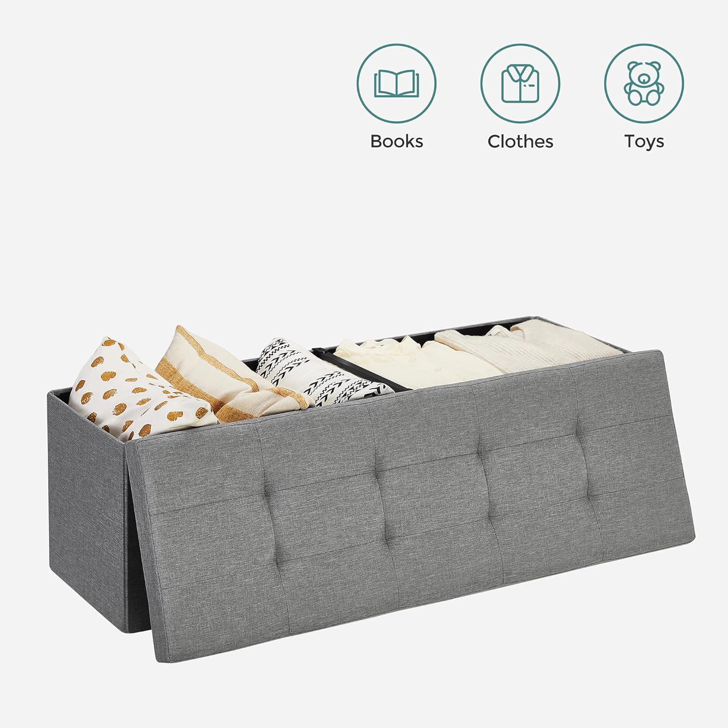 SONGMICS Bancuta pliabila cu capac si spatiu de depozitare, 120 litri, textil tip in, 110x38x38 cm, gri