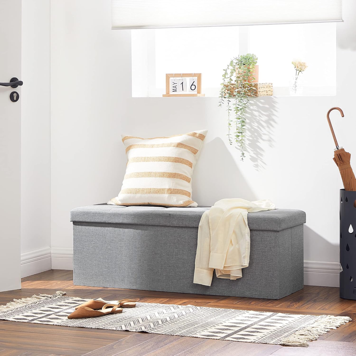 SONGMICS Bancuta pliabila cu capac si spatiu de depozitare, 120 litri, textil tip in, 110x38x38 cm, gri