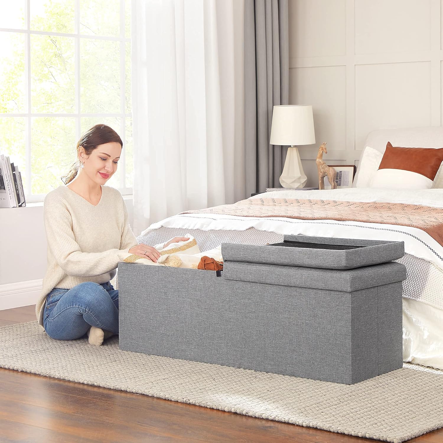 SONGMICS Bancuta pliabila cu capac si spatiu de depozitare, 120 litri, textil tip in, 110x38x38 cm, gri