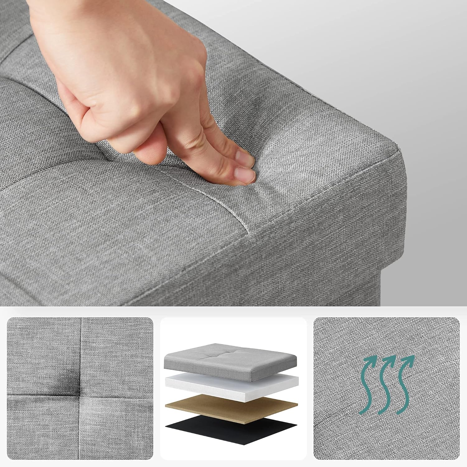 SONGMICS Bancuta pliabila cu capac si spatiu de depozitare, 120 litri, textil tip in, 110x38x38 cm, gri
