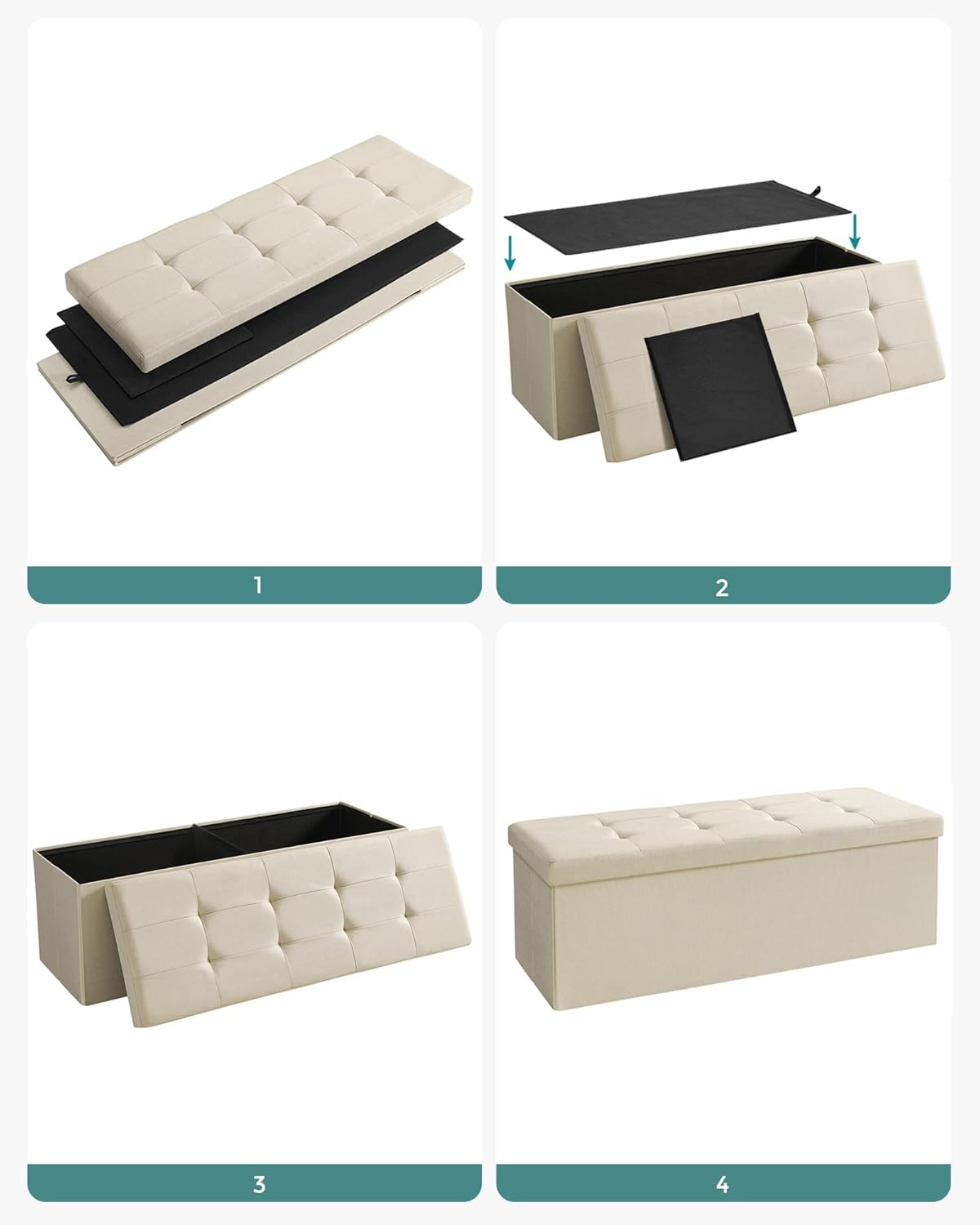 SONGMICS Taburet pliabil cu sezut moale, spatiu de depozitare 131litri, maxim 300kg, 110x38x38cm, crem