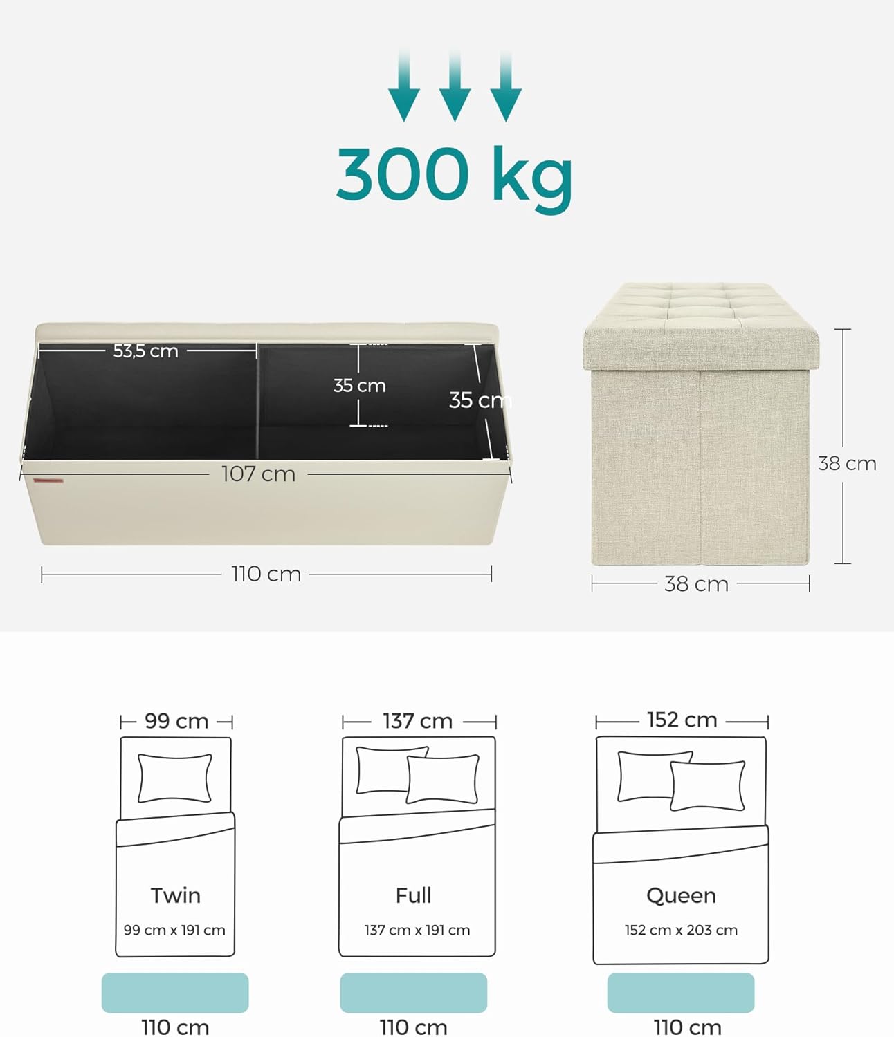 SONGMICS Taburet pliabil cu sezut moale, spatiu de depozitare 131litri, maxim 300kg, 110x38x38cm, crem