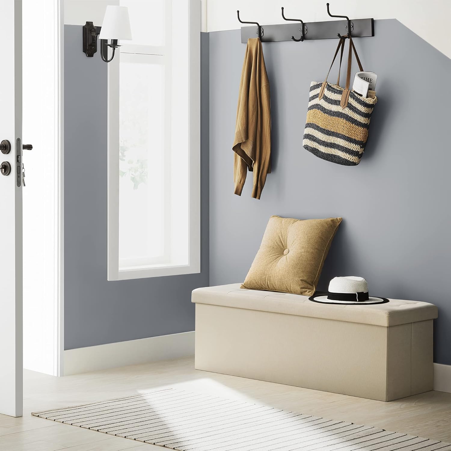 SONGMICS Taburet pliabil cu sezut moale, spatiu de depozitare 131litri, maxim 300kg, 110x38x38cm, crem