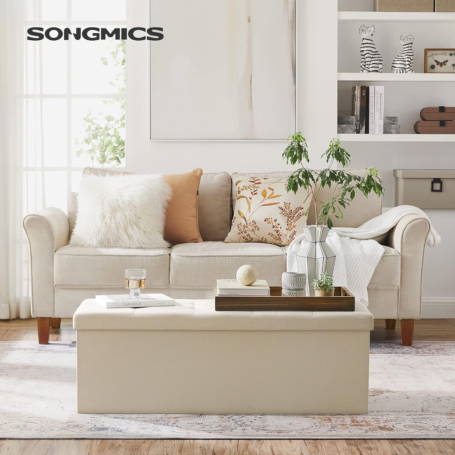 SONGMICS Taburet pliabil cu sezut moale, spatiu de depozitare 131litri, maxim 300kg, 110x38x38cm, crem
