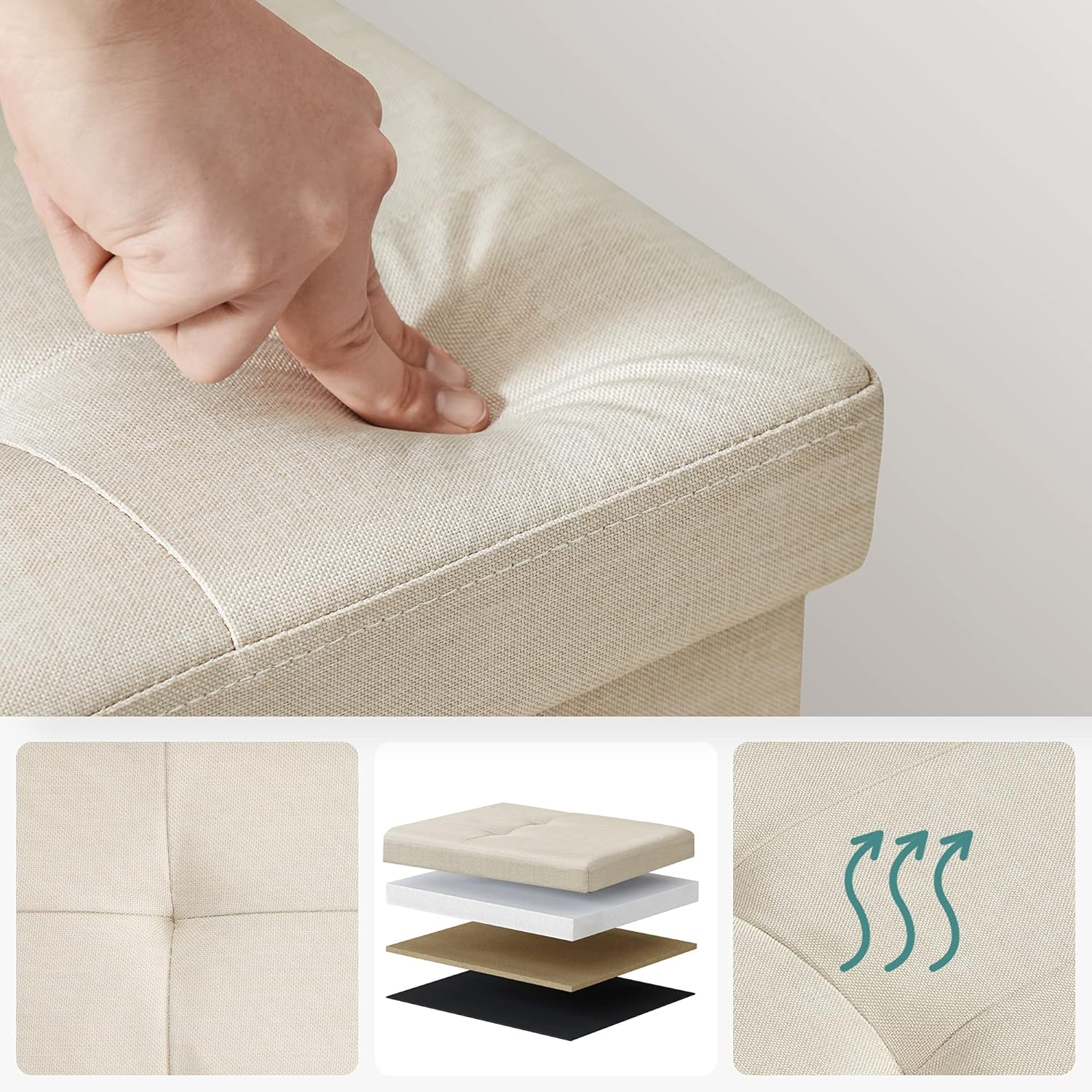 SONGMICS Taburet pliabil cu sezut moale, spatiu de depozitare 131litri, maxim 300kg, 110x38x38cm, crem