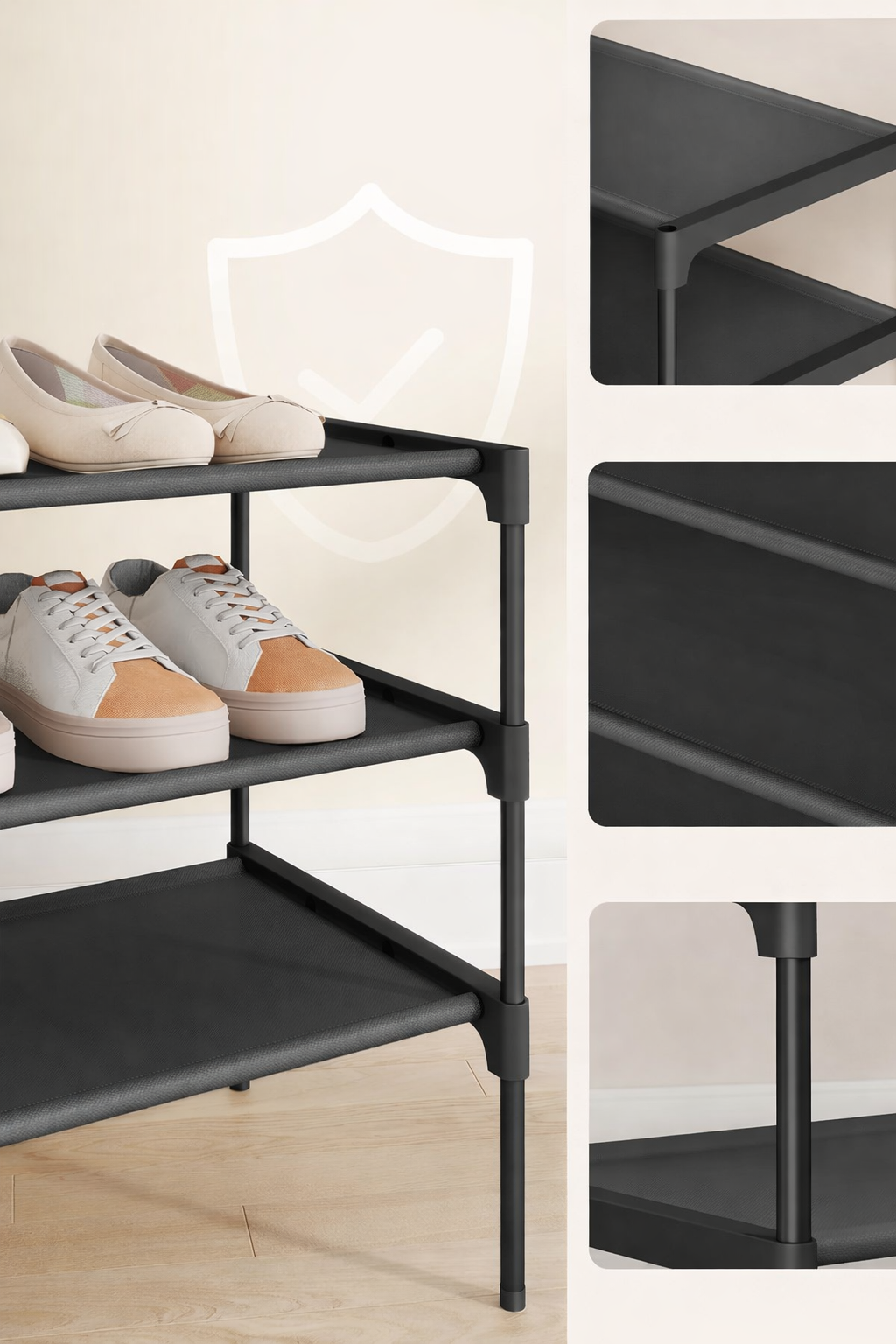 SONGMICS Raft pantofi 3 niveluri cu rafturi textile si cadru metalic, 62x30x54 cm, negru