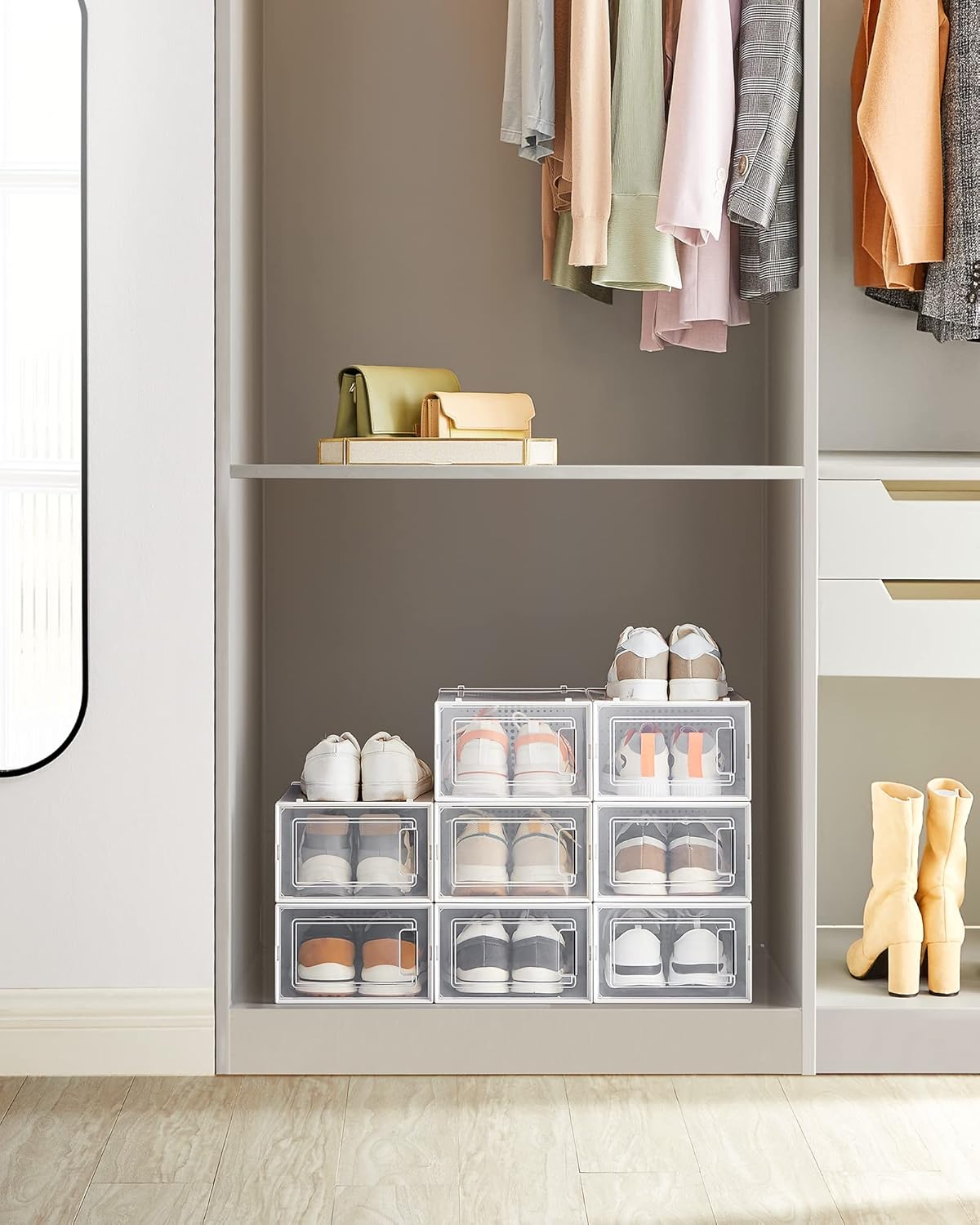 SONGMICS Organizator pantofi cutii stivuibile, cu usa transparenta, plastic, 8 module de 33x23x14 cm, alb