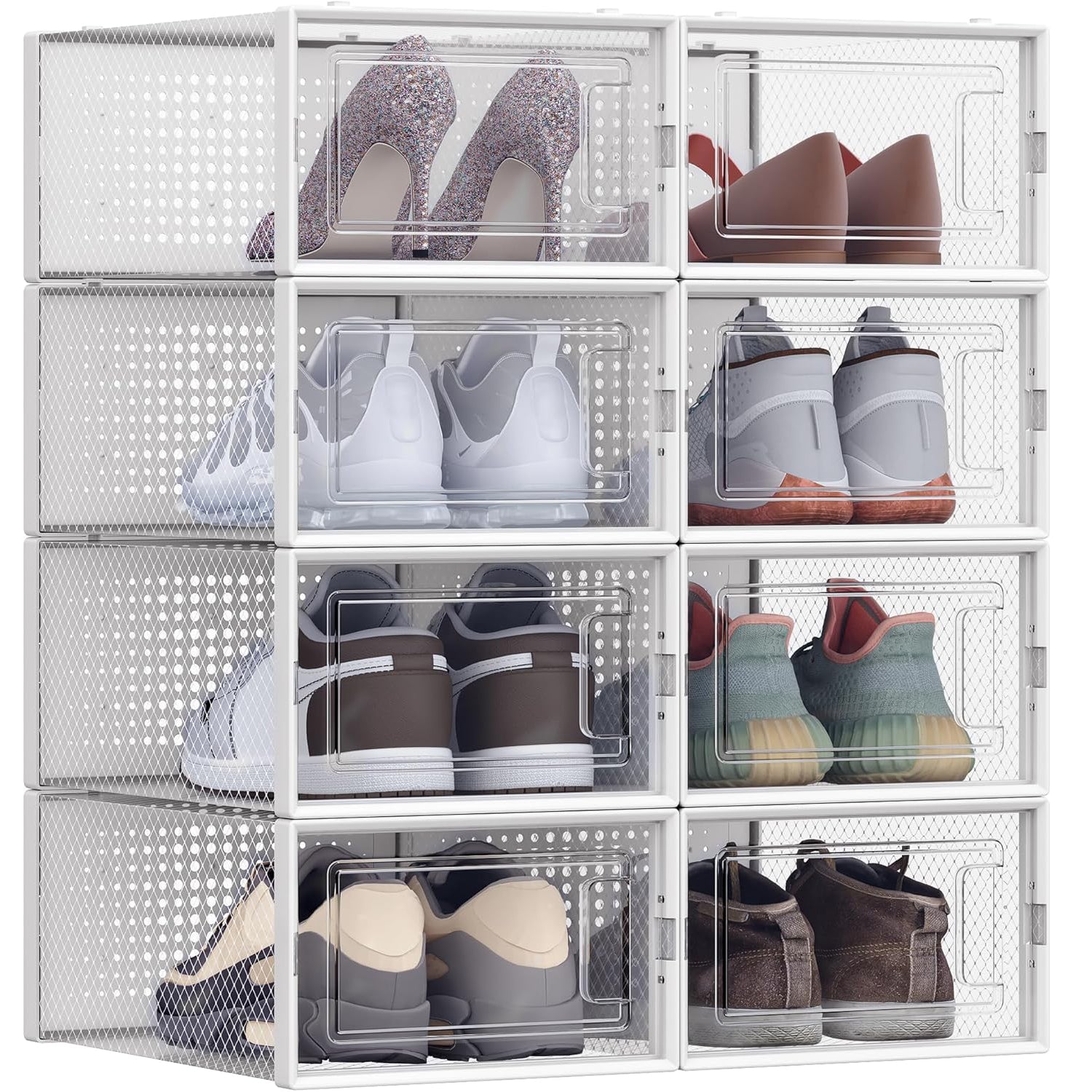 SONGMICS Organizator pantofi cutii stivuibile, cu usa transparenta, plastic, 8 module de 33x23x14 cm, alb