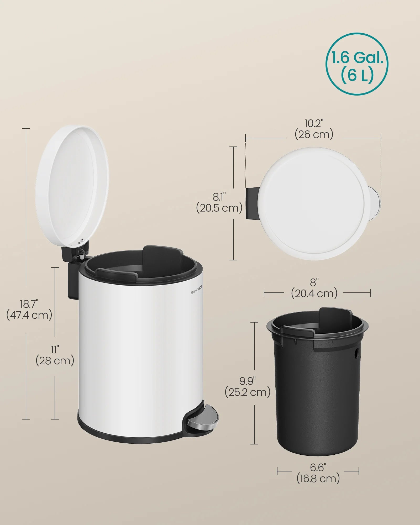 SONGMICS Cos de gunoi cu pedala 6 litri, capac soft-close si galeata interioara, otel, 26x21x28 cm, alb