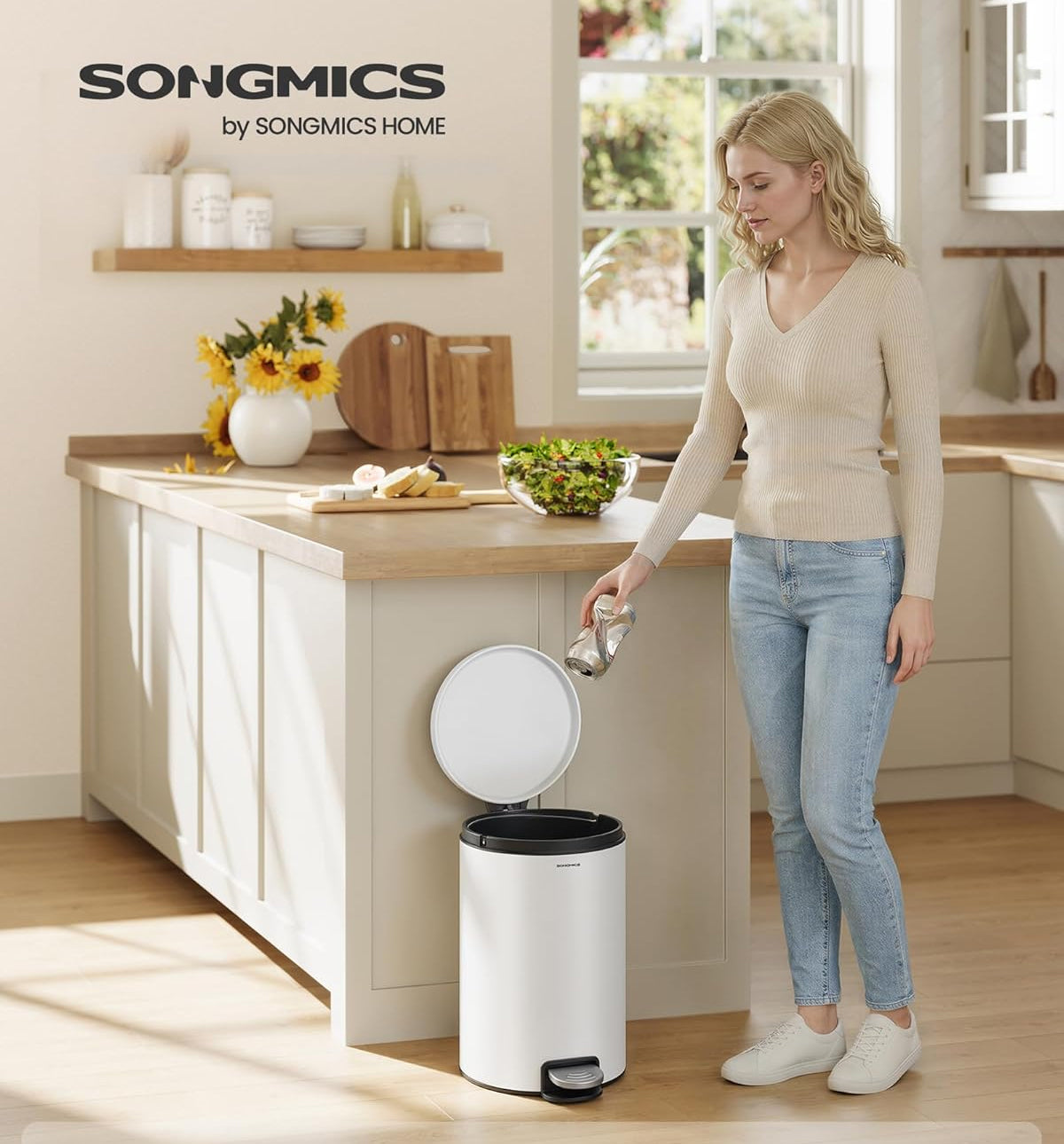 SONGMICS Cos de gunoi cu pedala 20L, capac soft close, galeata interioara detasabila, otel si plastic, 30x37x44 cm, alb