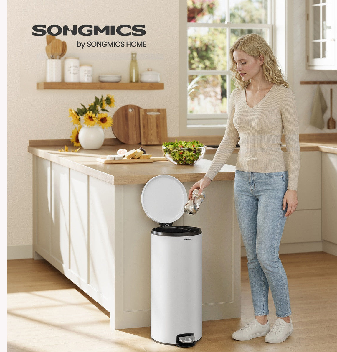 SONGMICS Cos de gunoi cu pedala, capac soft-close, galeata detasabila, otel, 30L, saci menajeri inclusi, alb