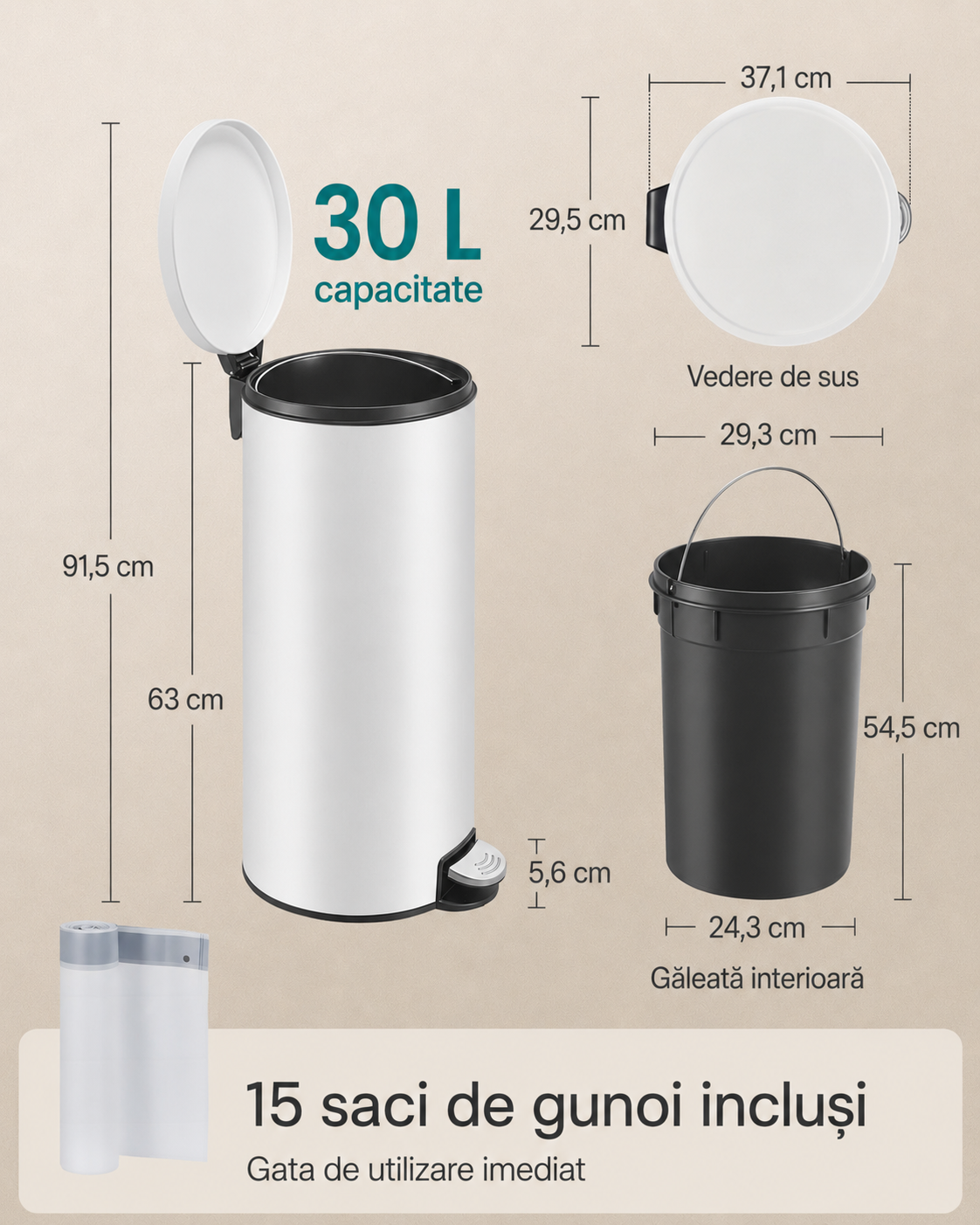 SONGMICS Cos de gunoi cu pedala, capac soft-close, galeata detasabila, otel, 30L, saci menajeri inclusi, alb