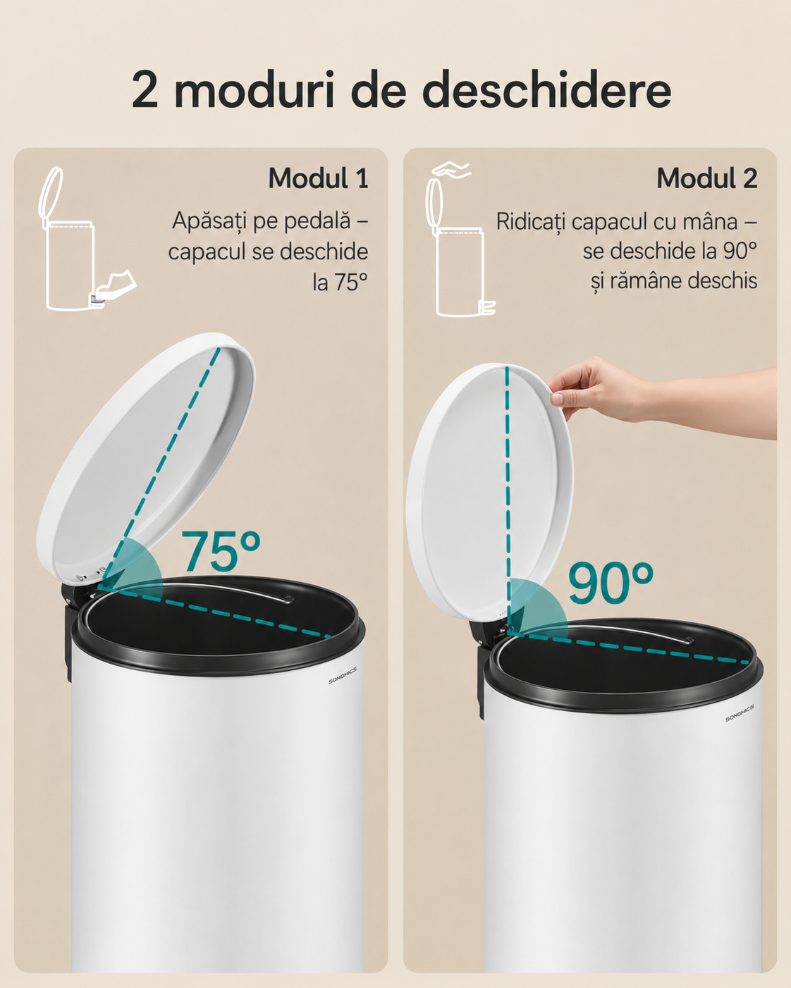 SONGMICS Cos de gunoi cu pedala, capac soft-close, galeata detasabila, otel, 30L, saci menajeri inclusi, alb