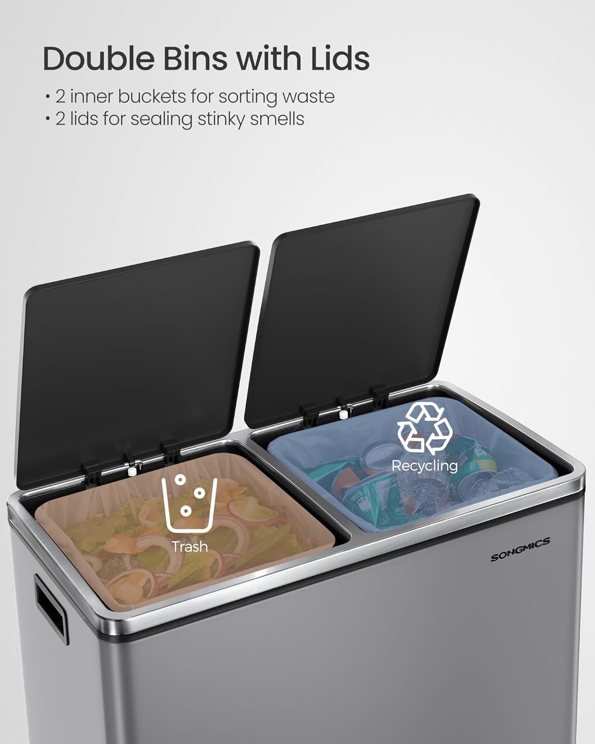 SONGMICS Cos de gunoi dublu colectare selectiva, 2x30L, cu pedale si capac soft close, galeata interioara, otel, 62x59x36 cm, gri