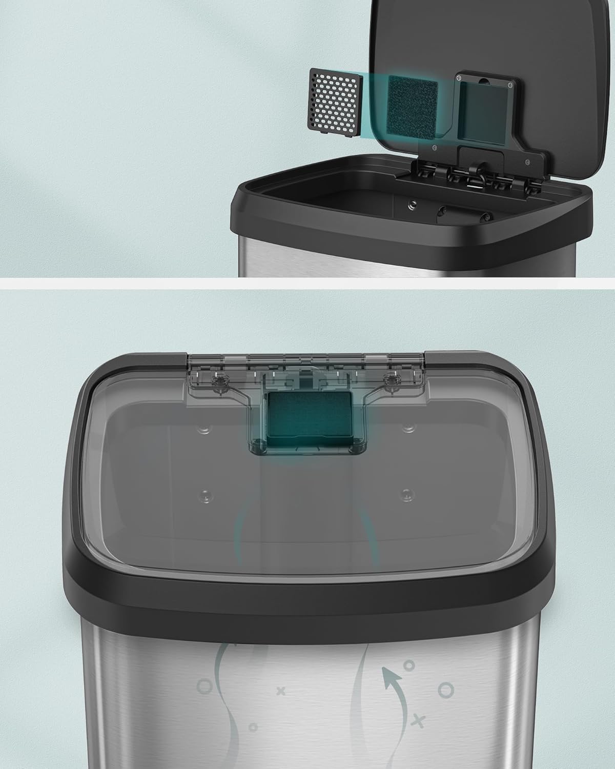 SONGMICS Cos de gunoi din inox, 68 L cu pedala, capac soft close, filtru de carbon pentru neutralizarea mirosurilor, argintiu