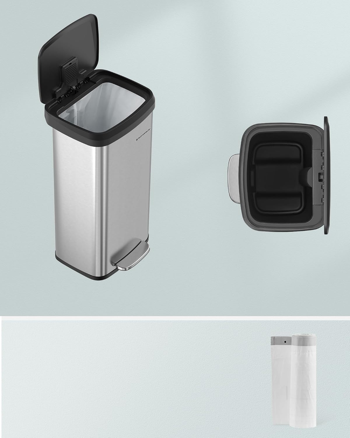 SONGMICS Cos de gunoi din inox, 68 L cu pedala, capac soft close, filtru de carbon pentru neutralizarea mirosurilor, argintiu