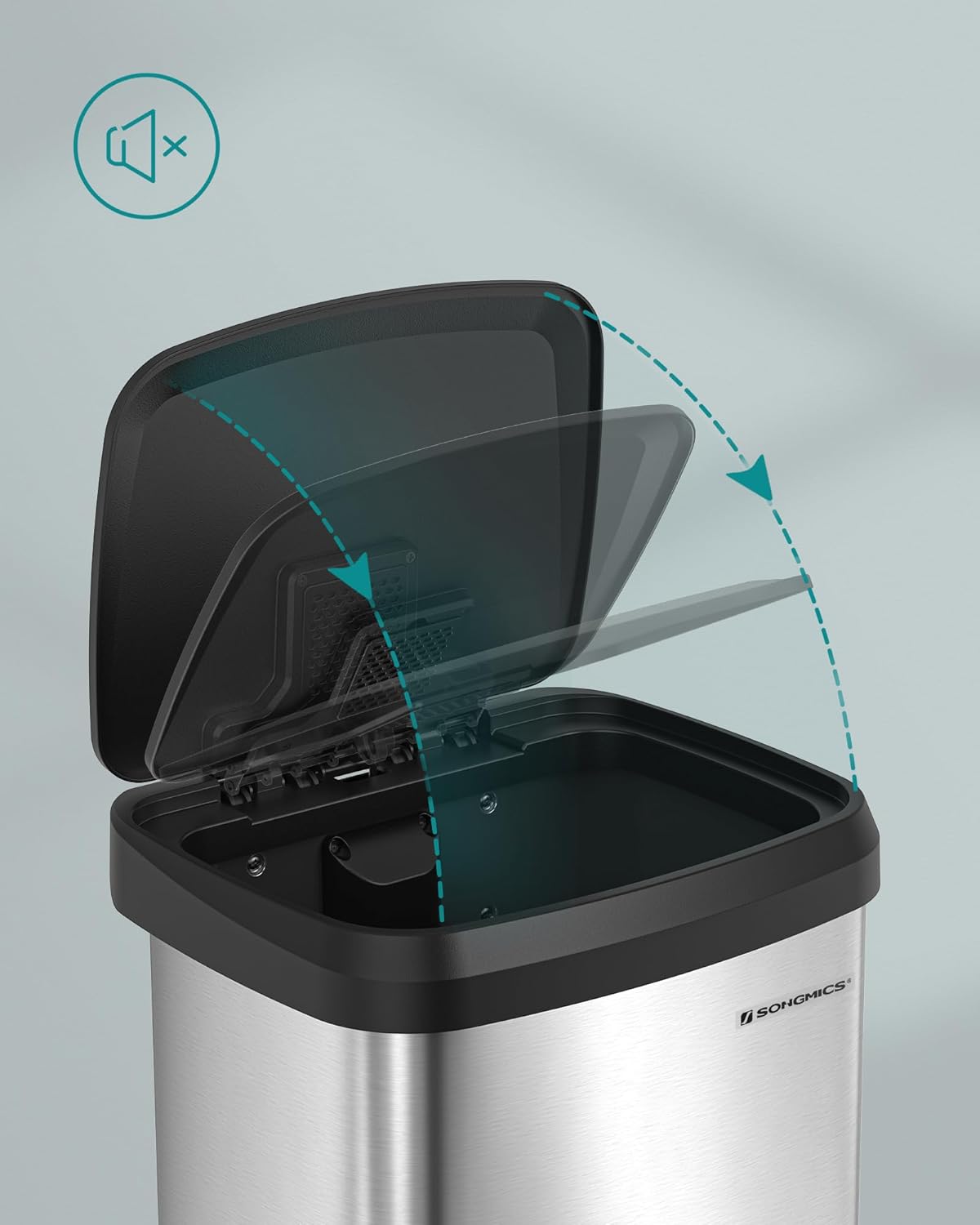 SONGMICS Cos de gunoi din inox, 68 L cu pedala, capac soft close, filtru de carbon pentru neutralizarea mirosurilor, argintiu