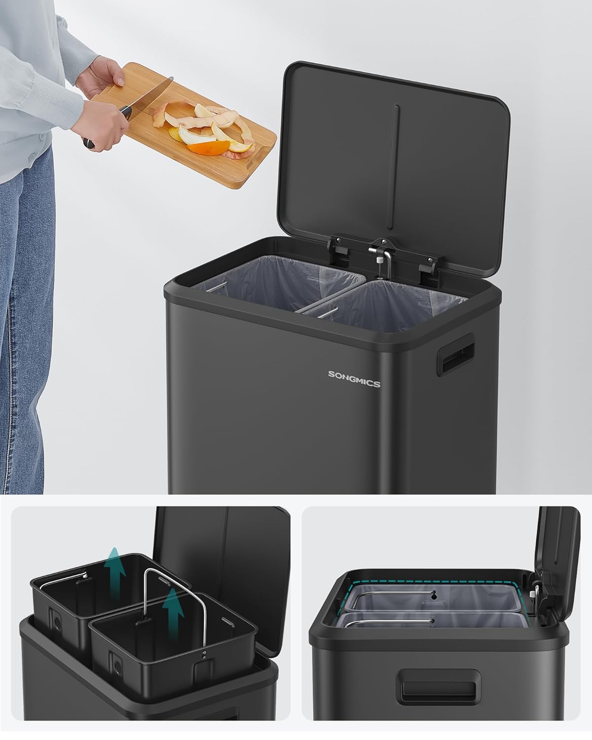 SONGMICS Cos gunoi metalic, 2 compartimente, 2x15 litri, pedala si inchidere silentioasa, negru