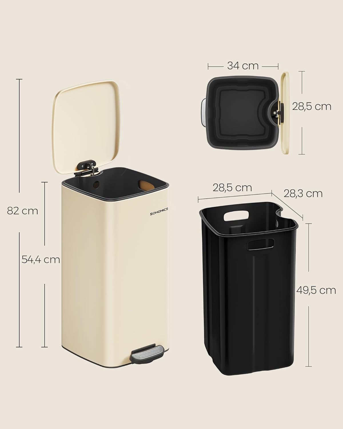 SONGMICS Cos gunoi 34x29x54 cm, 30L, cu pedala, capac silentios si galeata interioara detasabila, bej