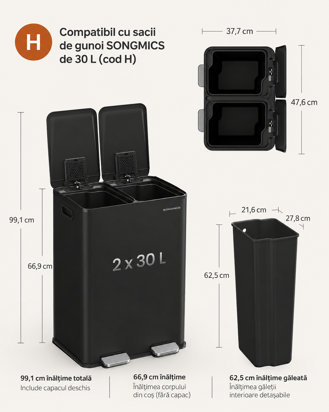 SONGMICS Cos de gunoi 2x30L, cu 2 compartimente, capac soft-close si galeti interioare, otel, negru