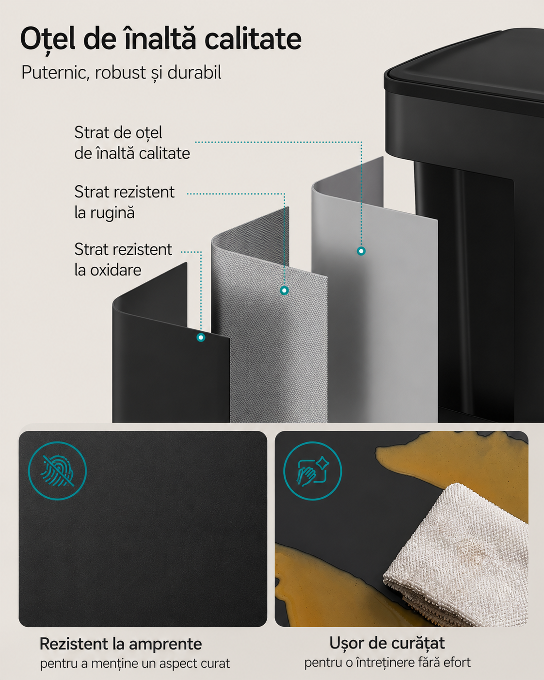 SONGMICS Cos de gunoi 2x30L, cu 2 compartimente, capac soft-close si galeti interioare, otel, negru