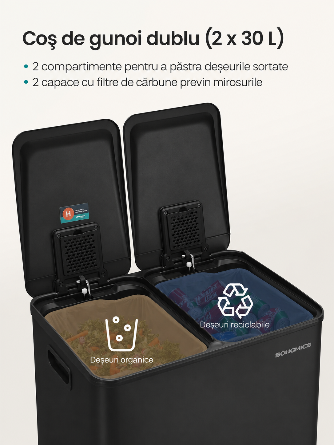 SONGMICS Cos de gunoi 2x30L, cu 2 compartimente, capac soft-close si galeti interioare, otel, negru