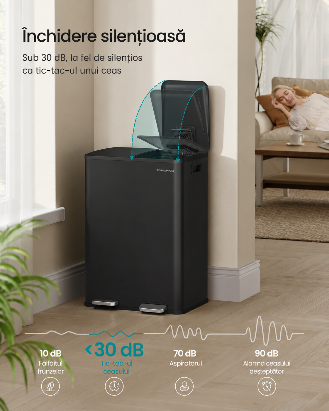 SONGMICS Cos de gunoi 2x30L, cu 2 compartimente, capac soft-close si galeti interioare, otel, negru